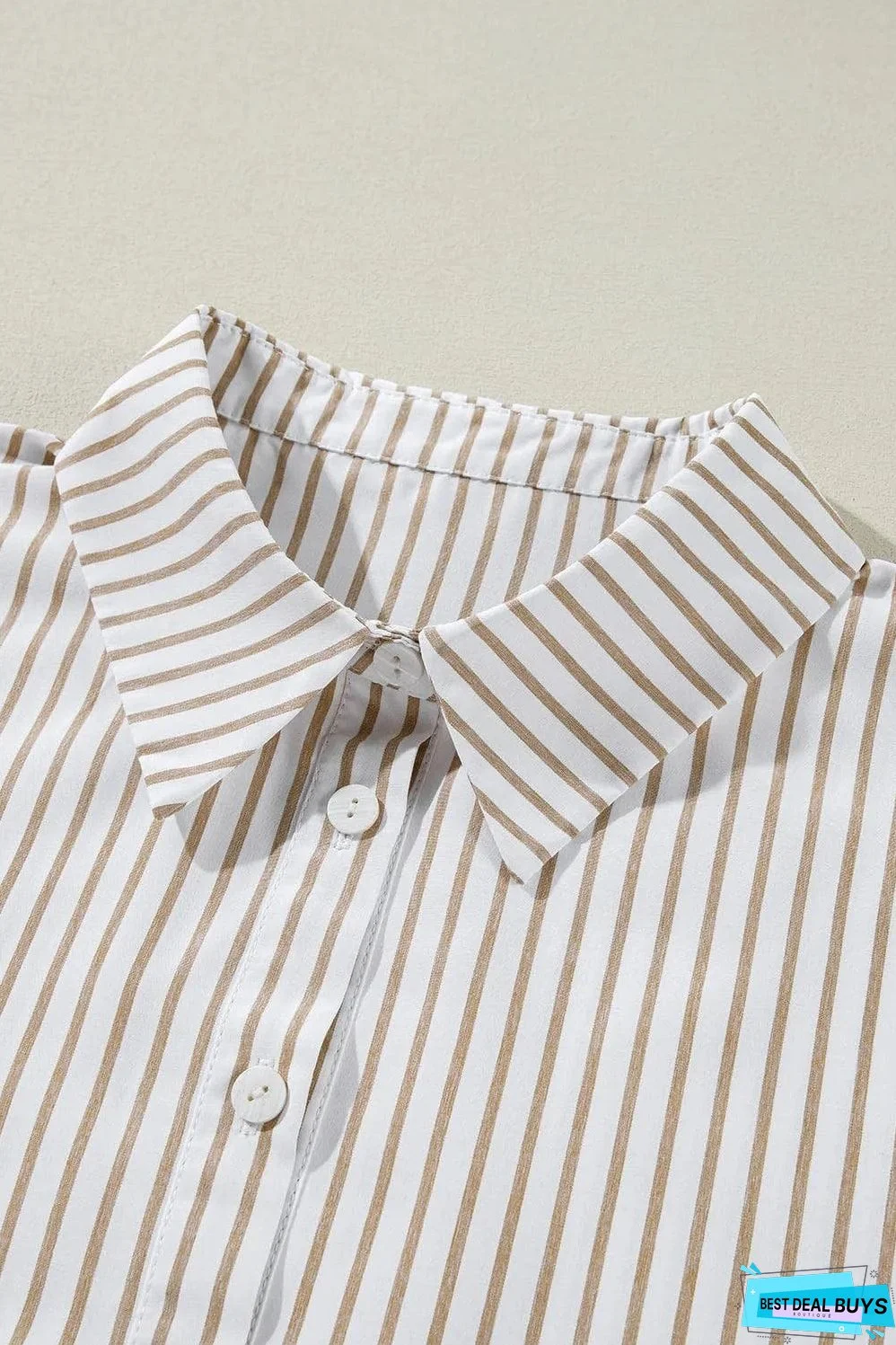 Khaki Stripe Long Sleeve Button Up Mini Shirt Dress