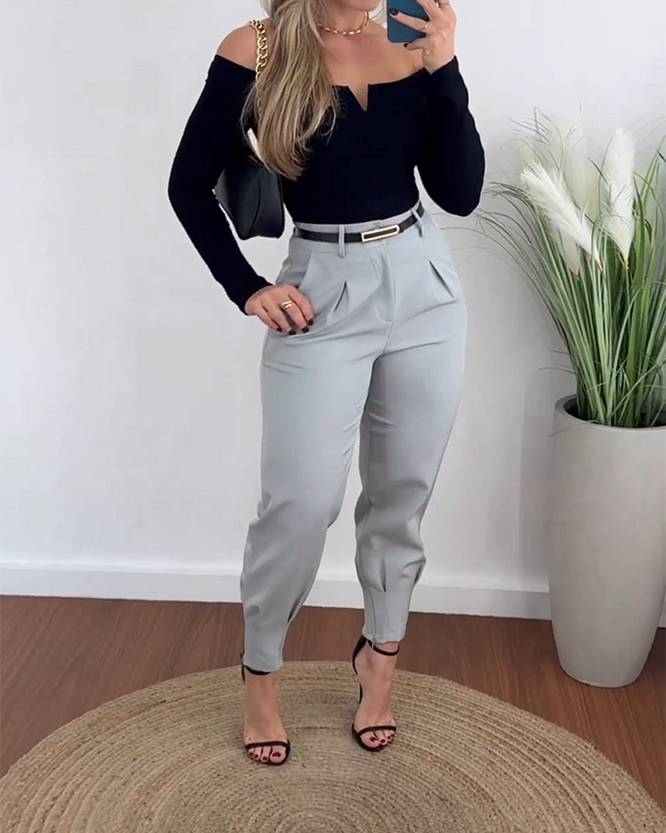 Long-sleeved Knitted Top and Pants Two-piece Set Without Belt