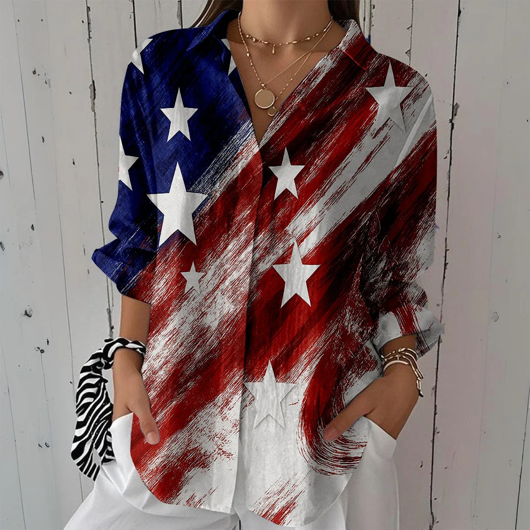 Style & Comfort for Mature Women Women  Independence Day, Star, Striped, Blue, Red DZCL0249 3/4 Sleeve Shirt Collar Printed Button Tops