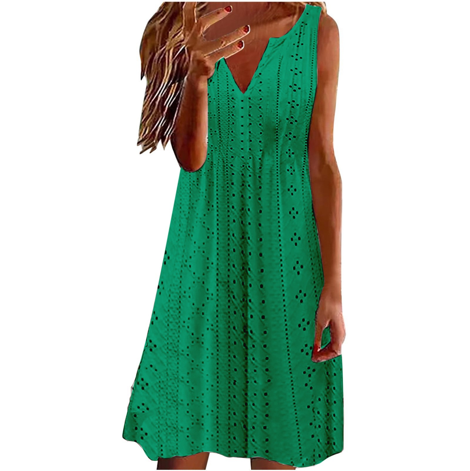 Mature Women Summer V-neck Sleeveless Loose Solid Color Dress