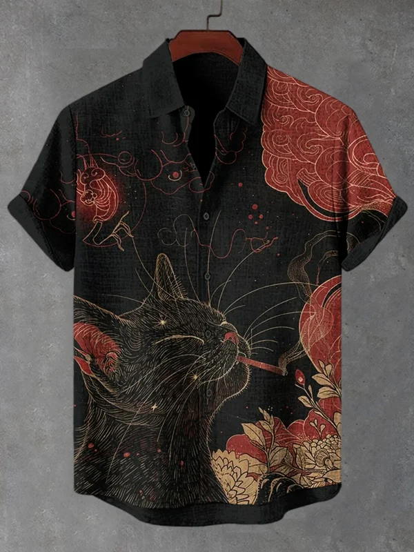 Men's Cat Smoking Art Print Casual Shirt