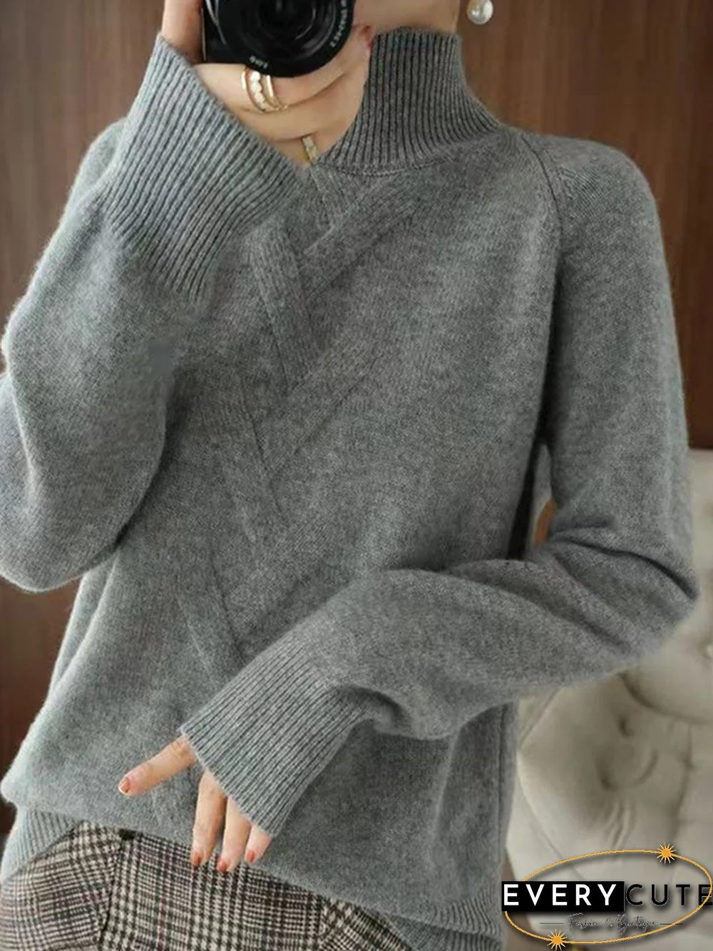 Casual Loose Long Sleeves Solid Color High-Neck Sweater Tops