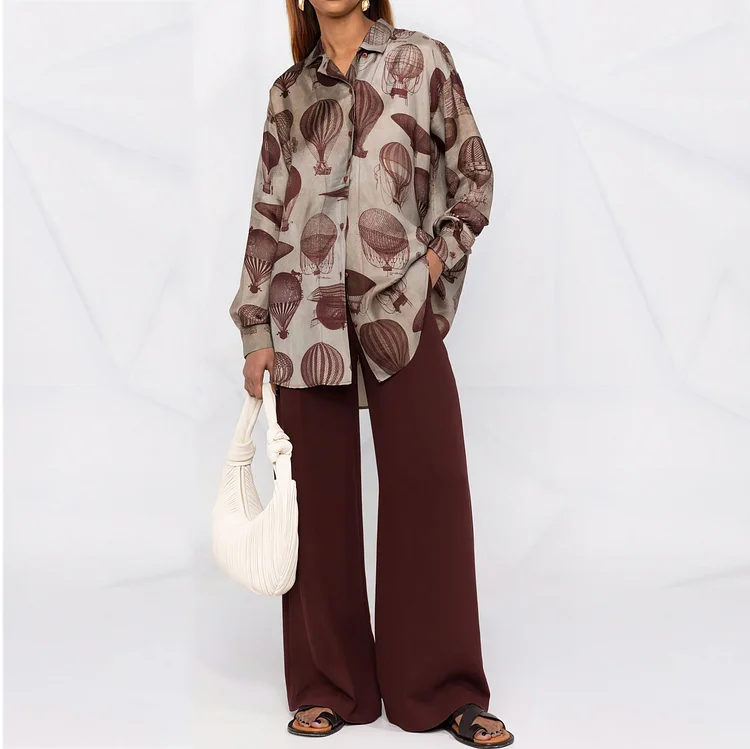 Fashion Hot Air Balloon Print Color Block Shirt Two Piece Set