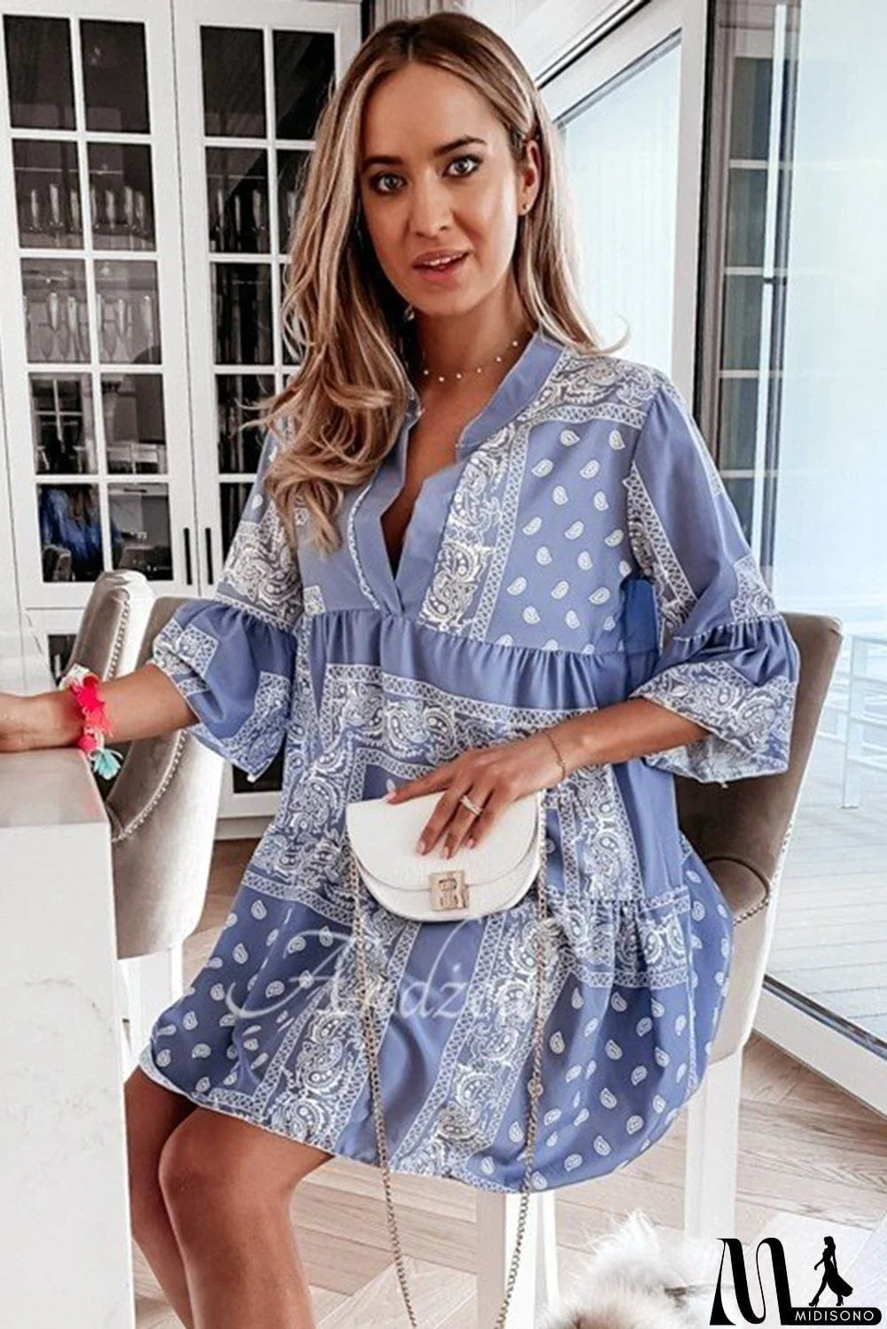 MidiSono - Geometric Tribal Print 3/4 Flared Sleeve Mini Dress