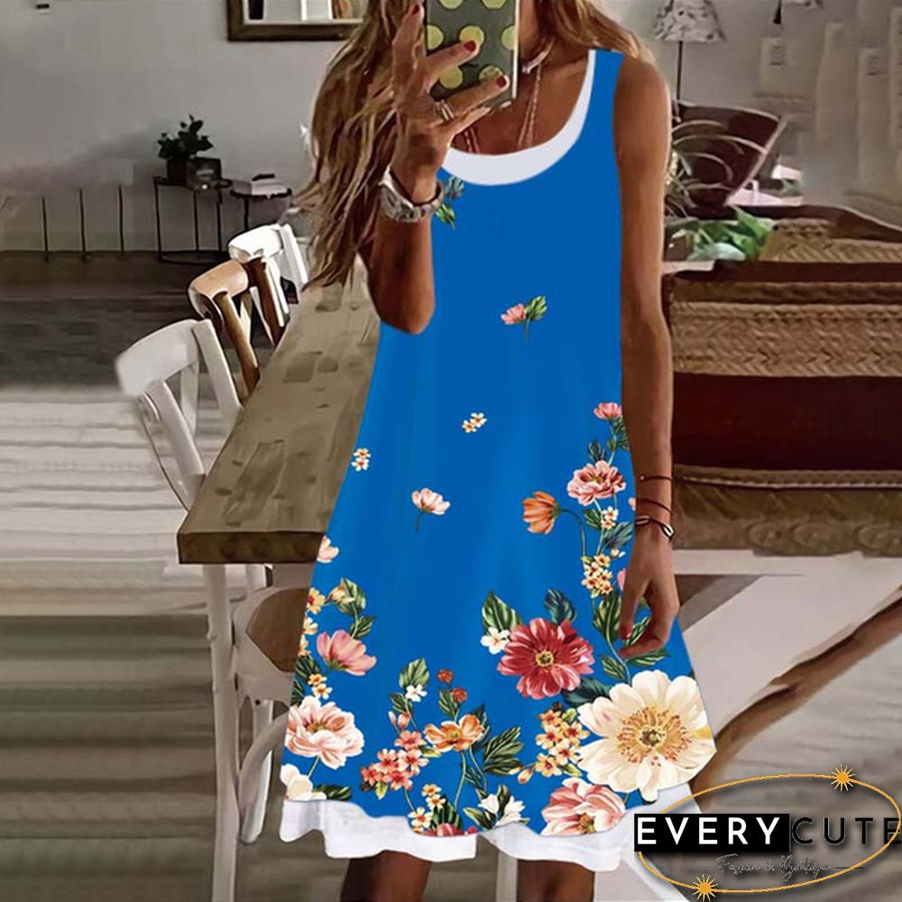 Women's Dress Summer New Fashion Women's Flowers Fake Two Pieces Printed Sleeveless Casual Soft and Comfortable Plus Size Dress S-5XL