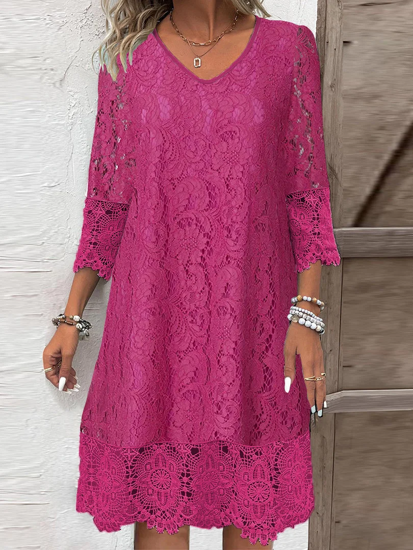 Women's 3/4 Sleeve V-neck Solid Color Lace Midi Dress