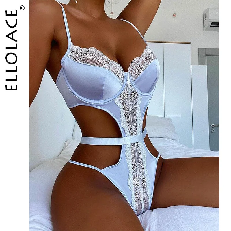 Ellolace Bodysuit Women Lace Sensual Lingerie Sexy Tempting Cut Out Exotic Costumes Patchwork Porn Bottom Whore Sissy Teddies