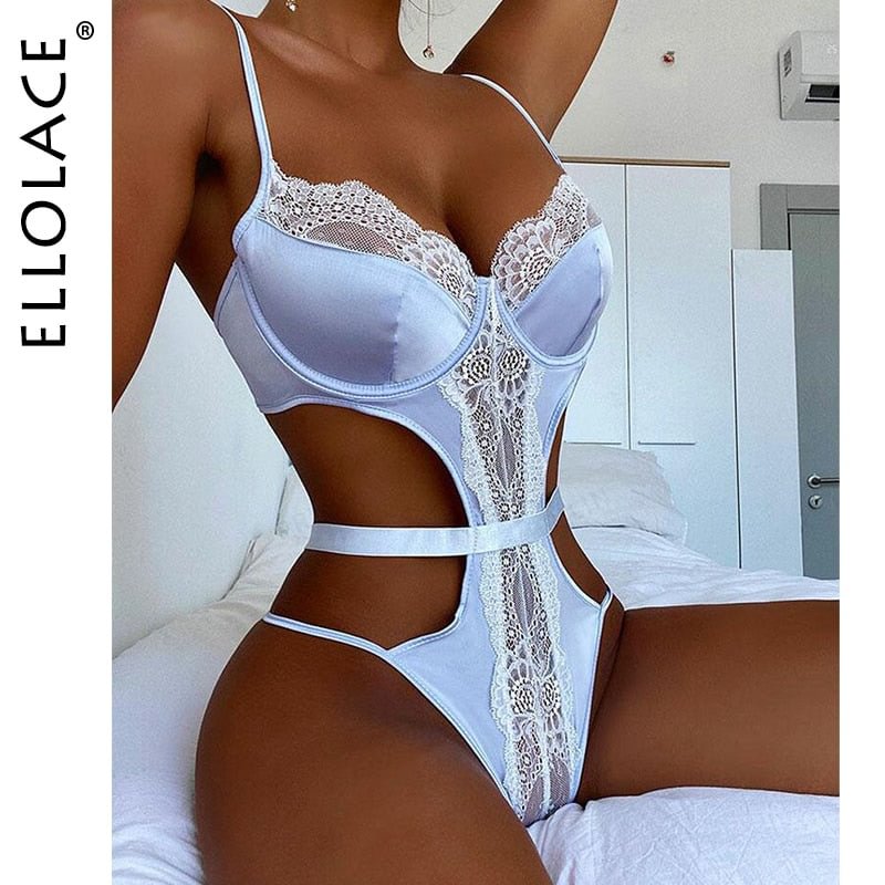 Ellolace Bodysuit Women Lace Sensual Lingerie Sexy Tempting Cut Out Exotic Costumes Patchwork Porn Bottom Whore Sissy Teddies