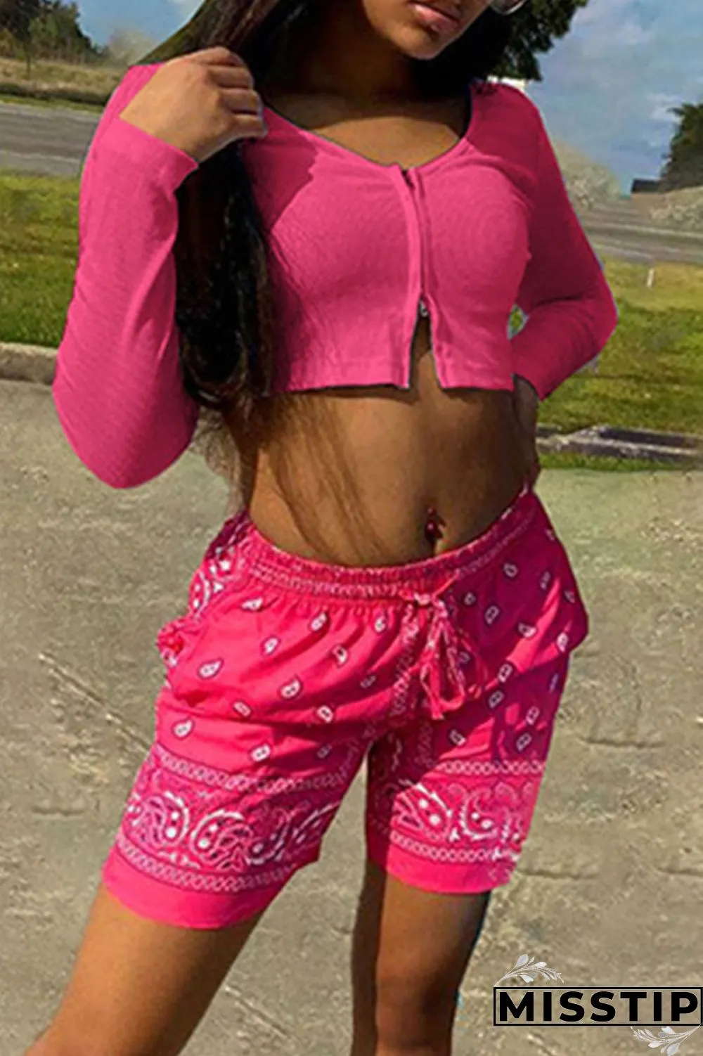 Fluorescent Green Casual Sportswear Print Patchwork Zipper Collar Long Sleeve Two Pieces