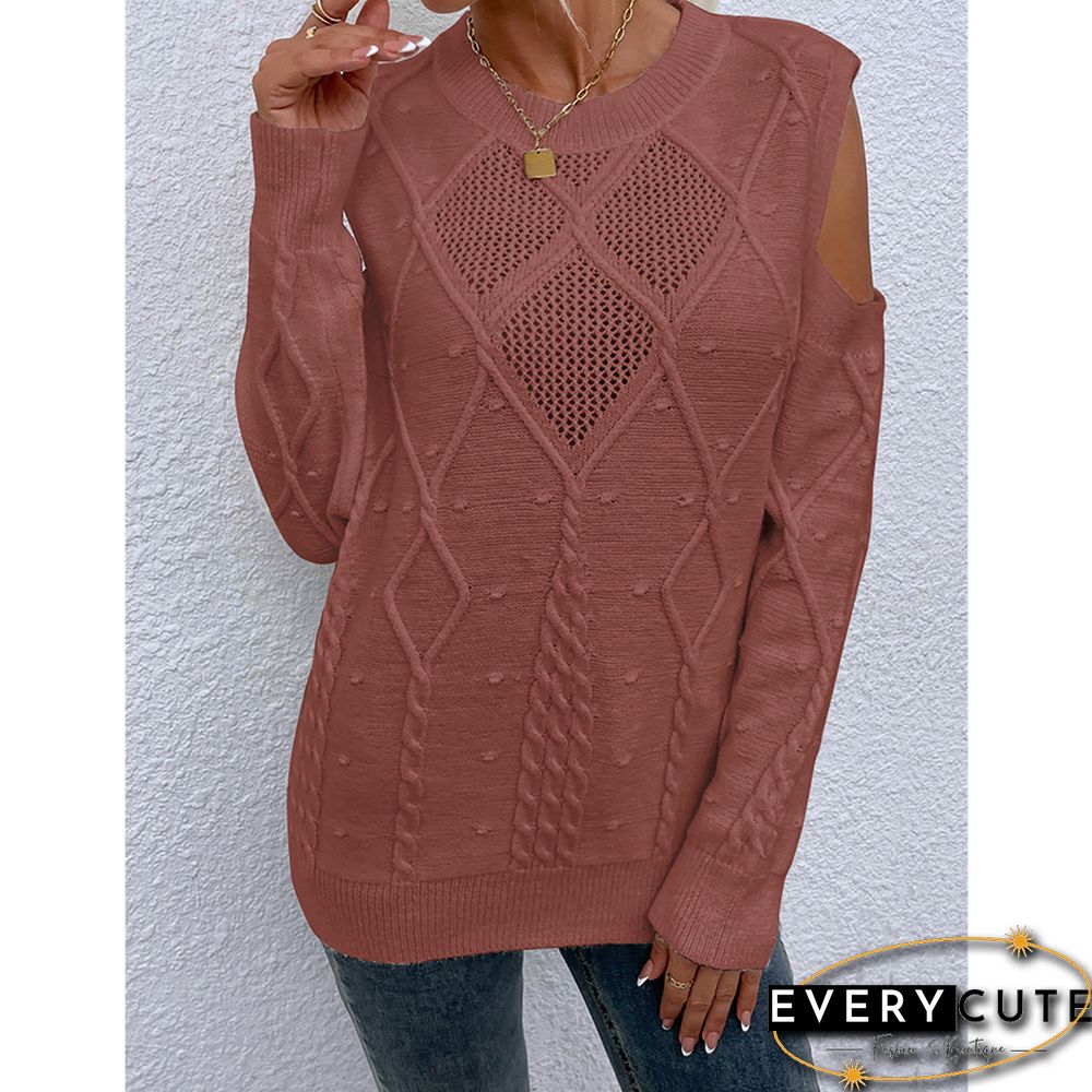 Light Brown Hollow Out Knitted Cold Shoulder Sweater
