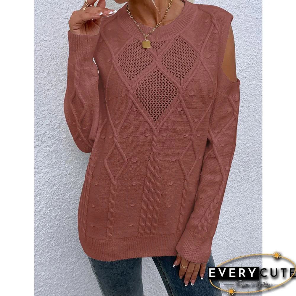 Light Brown Hollow Out Knitted Cold Shoulder Sweater