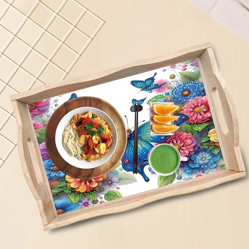 5D DIY Wooden Flower Butterfly Diamond Painting Serving Tray for Home Decor
