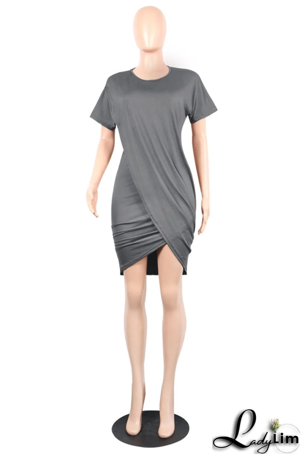 Grey Fashion Casual Solid Split Joint O Neck Short Sleeve Dress