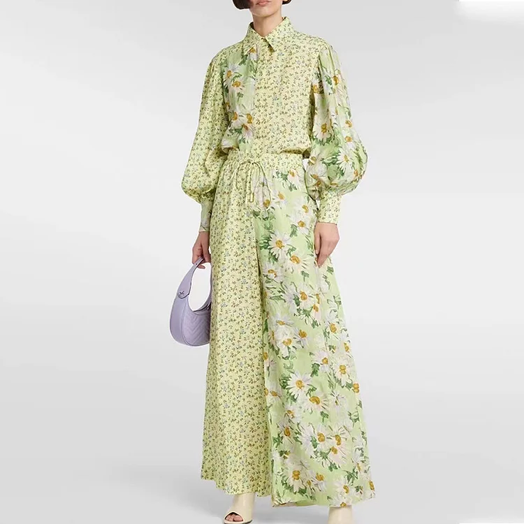 Color Block Printed Balloon Sleeved Shirt High Waisted Trousers Two Piece Suit