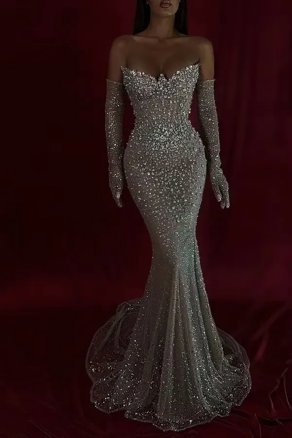 Lussooy Sexy Strapless Beaded Mermaid Rhinestone Sleeveless Prom Dress with Gloves