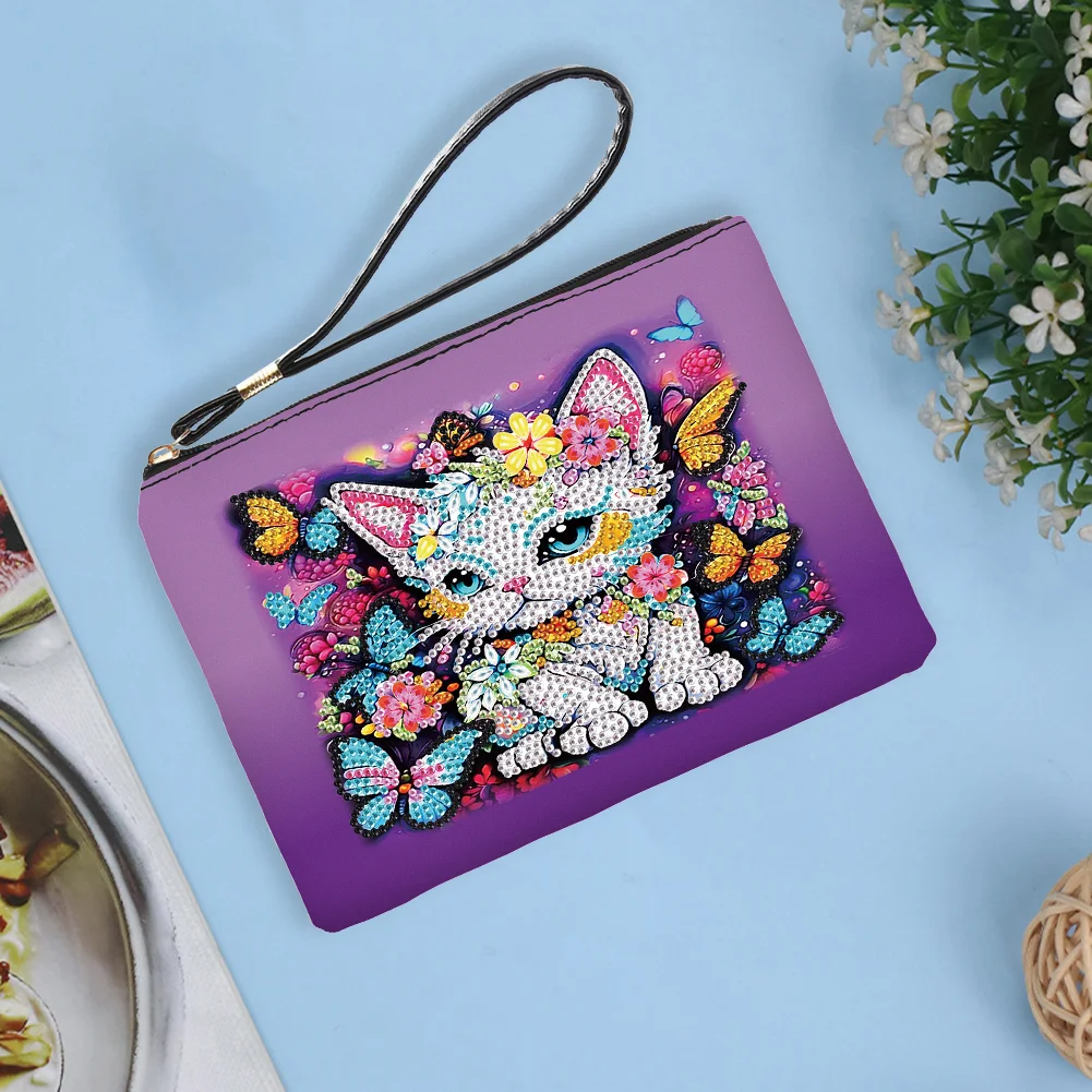 DIY Butterfly Cat PU Partial Special Shaped Diamond Painting Wallet Makeup Bag