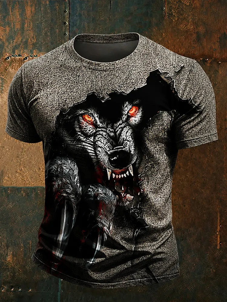 Men's Vintage Fierce Evil Wolf 3d Art Print Distressed Crew Neck Short Sleeve Top