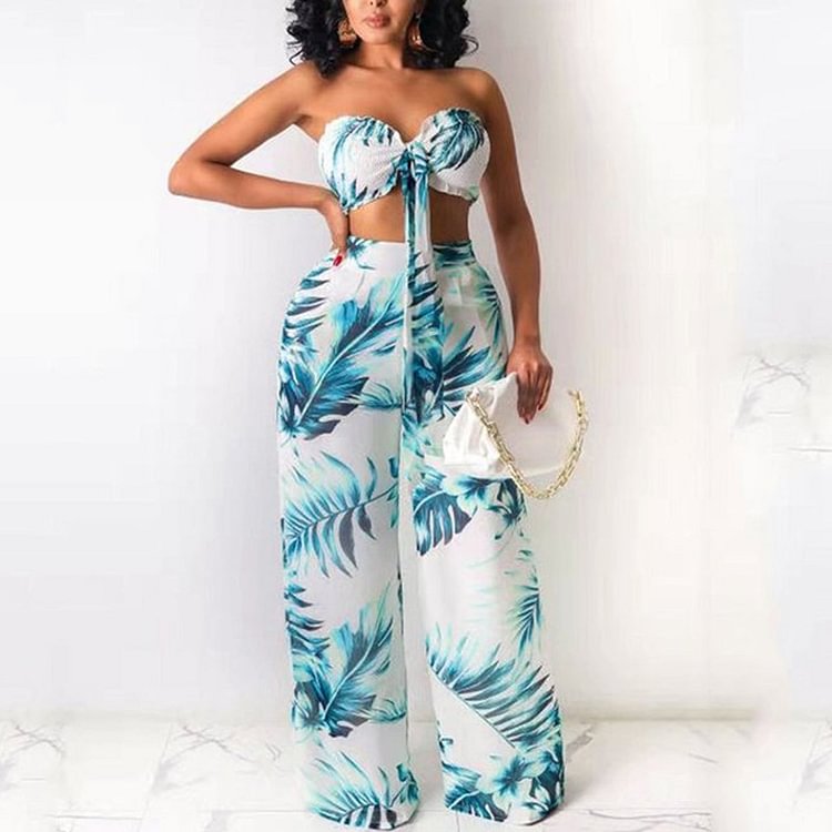 Casual Printed Crop Top and Wide Leg Pants Two Set