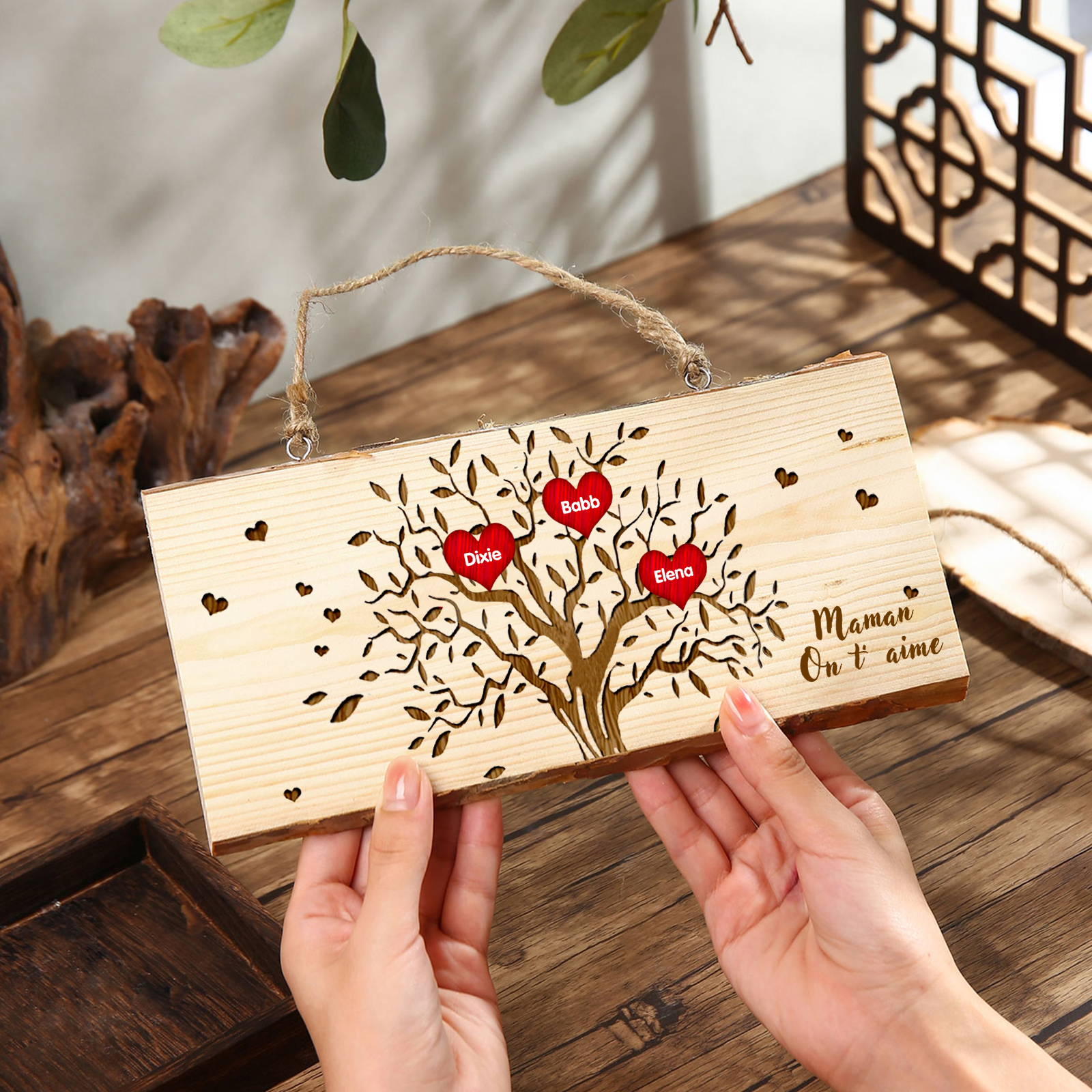 Décoration en bois Arbre de Vie 2-6 Prénoms Personnalisés avec Texte pour Famille Peinture Décorative