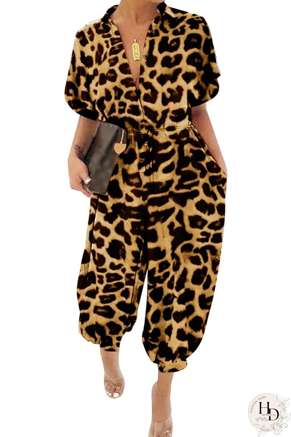 Yellow Sexy Leopard grain bandage Long Sleeve Turndown Collar Jumpsuits