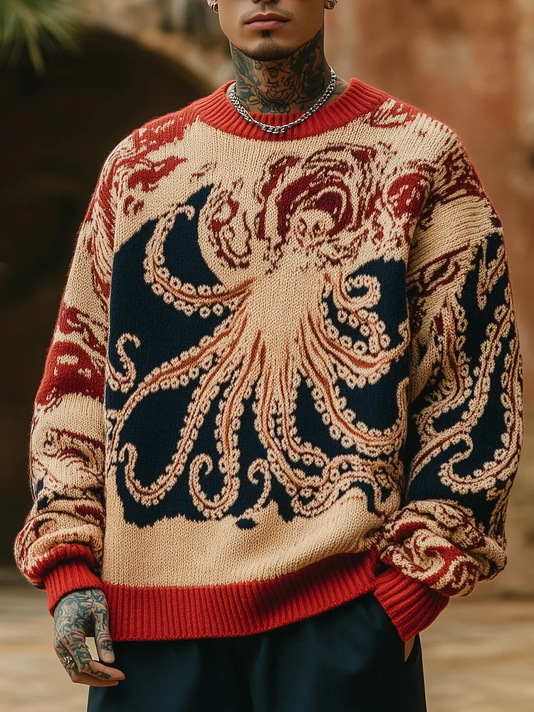 Men's Deep Sea Octopus Japanese Art Print Knit Sweatshirt