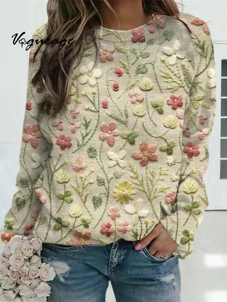 Loose Fit Flowers Printed Long Sleeve Knit Sweater