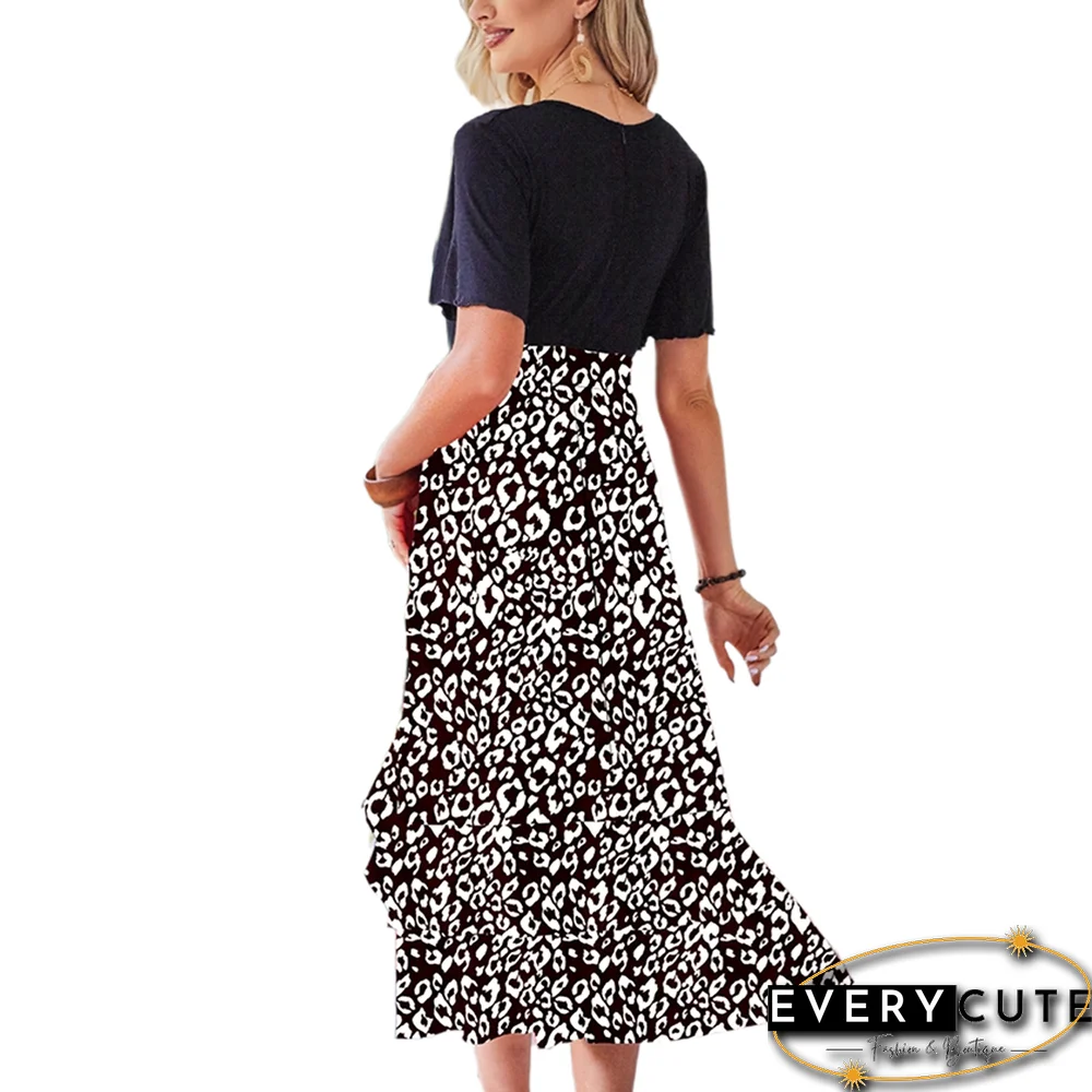 White Leopard Print Splicing V Neck Dress with Slit