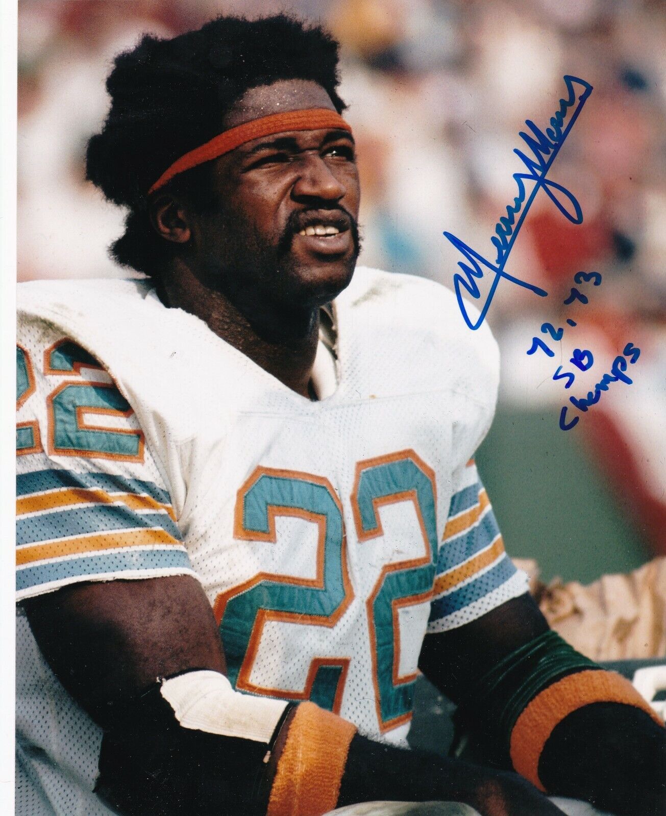 MERCURY MORRIS MIAMI DOLPHINS 72,73, SB CHAMPS ACTION SIGNED 8x10