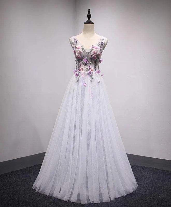 White V Neck Tulle Long Prom Dress, Formal Dress