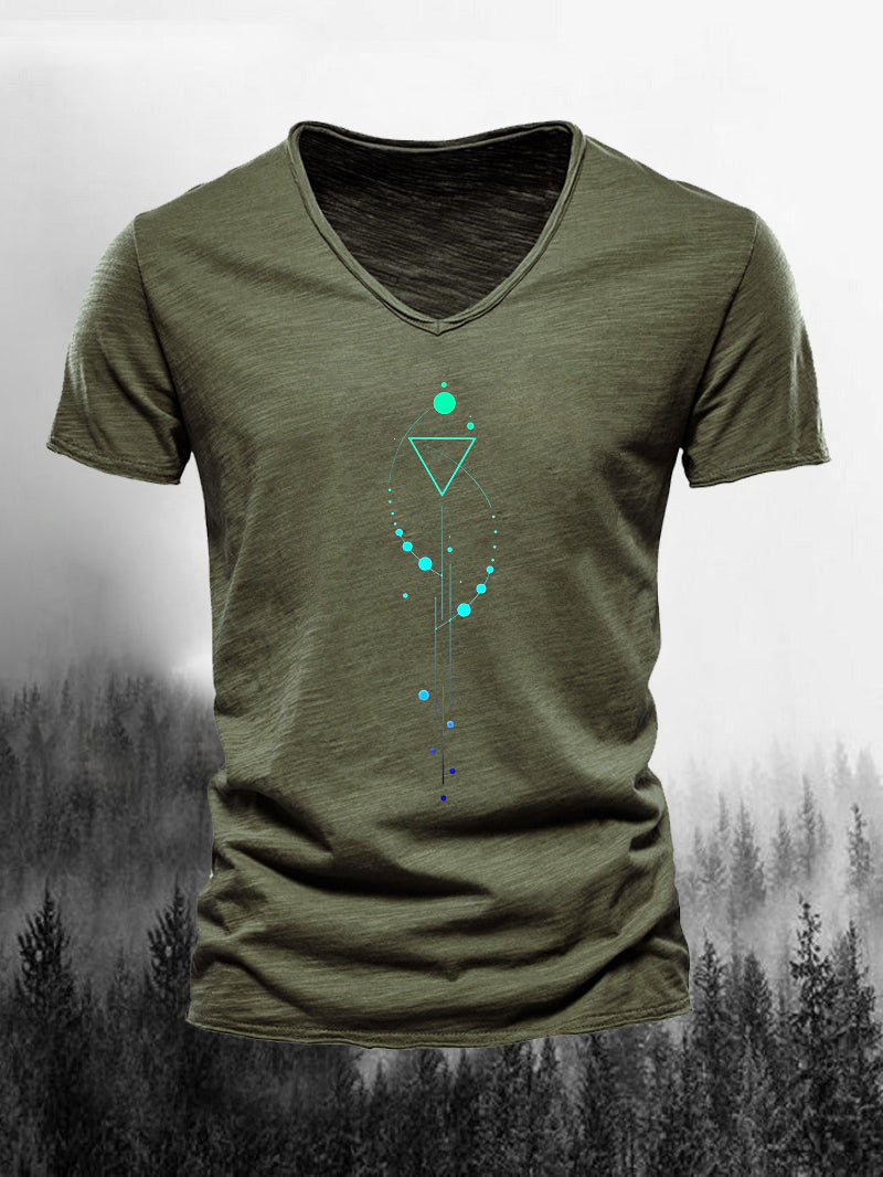 Blue Interwoven Triangle Linear Classic Slub Cotton V-neck Short-Sleeved Shirt