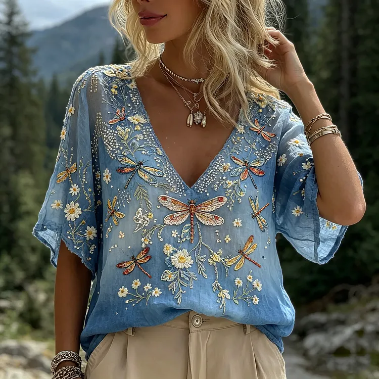 Women's Dragonfly Embroidered Sheer Ombre Boho Blouse