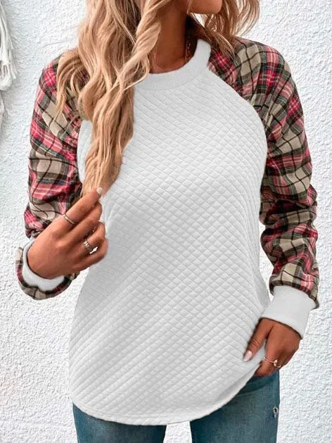 Women Long Sleeve Scoop Neck Plaid Stitching Sweatshirt Top