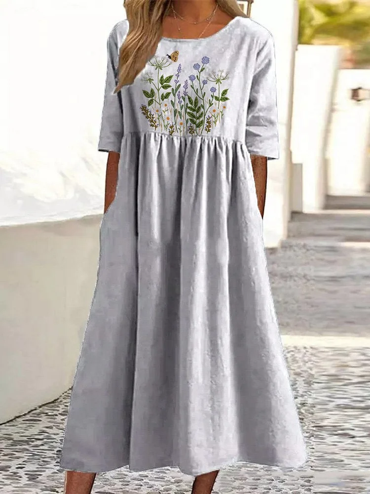 Embroidery Style Floral Bush Pattern Printed Women's Pocket Cotton Dress