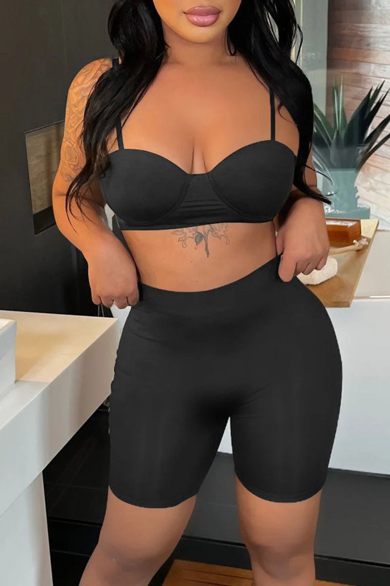 Sexy Solid Split Joint Spaghetti Strap Sleeveless Two Pieces
