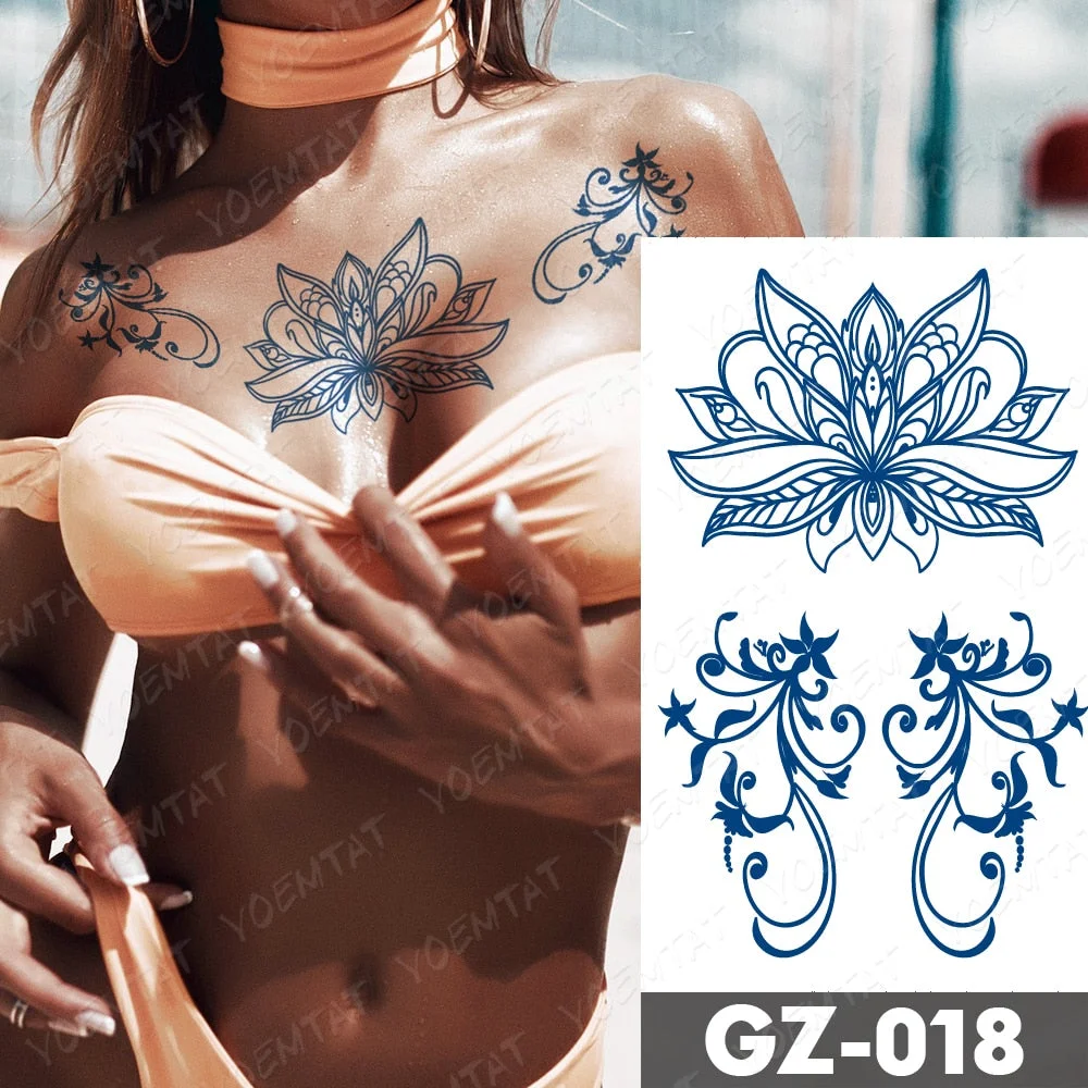 Juice Lasting Waterproof Temporary Tattoo Stickers Lotus Totem Flower Mandala Flash Tattoos Ink Fatima Hand Body Art Fake Tatto