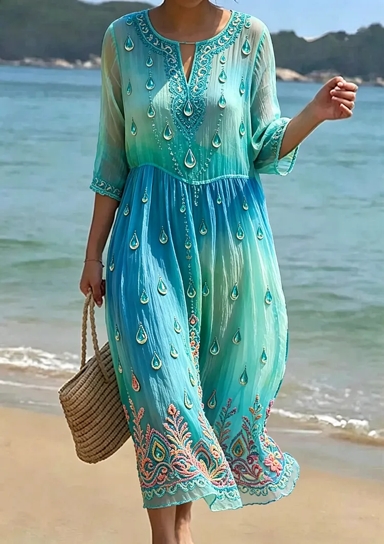 Women's Floral Embroidered Smocked Waist Midi Dress