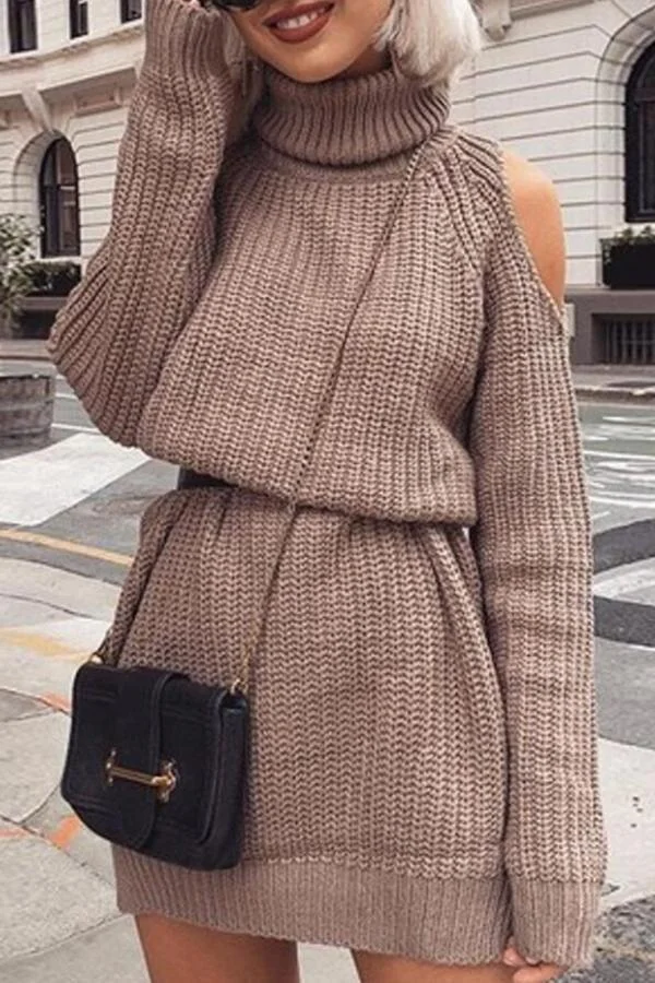 Solid Color Pile Collar Off Shoulder Dress P15034