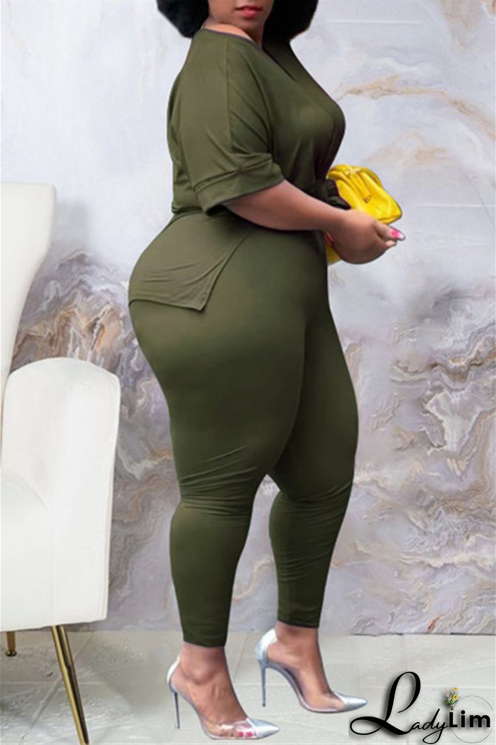 Tibetan Blue Fashion Casual Solid Slit V Neck Plus Size Two Pieces