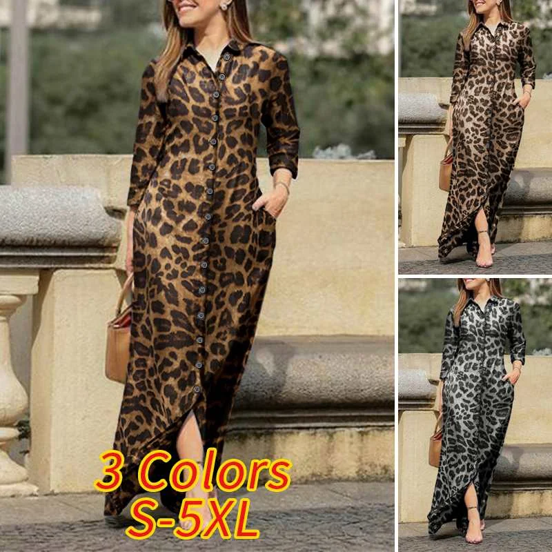 Casual Long Sleeve Dress VONDA Women Lapel Collar Button Down Long Shirt Dress  Spring Fall Vintage Leopard Vestidos