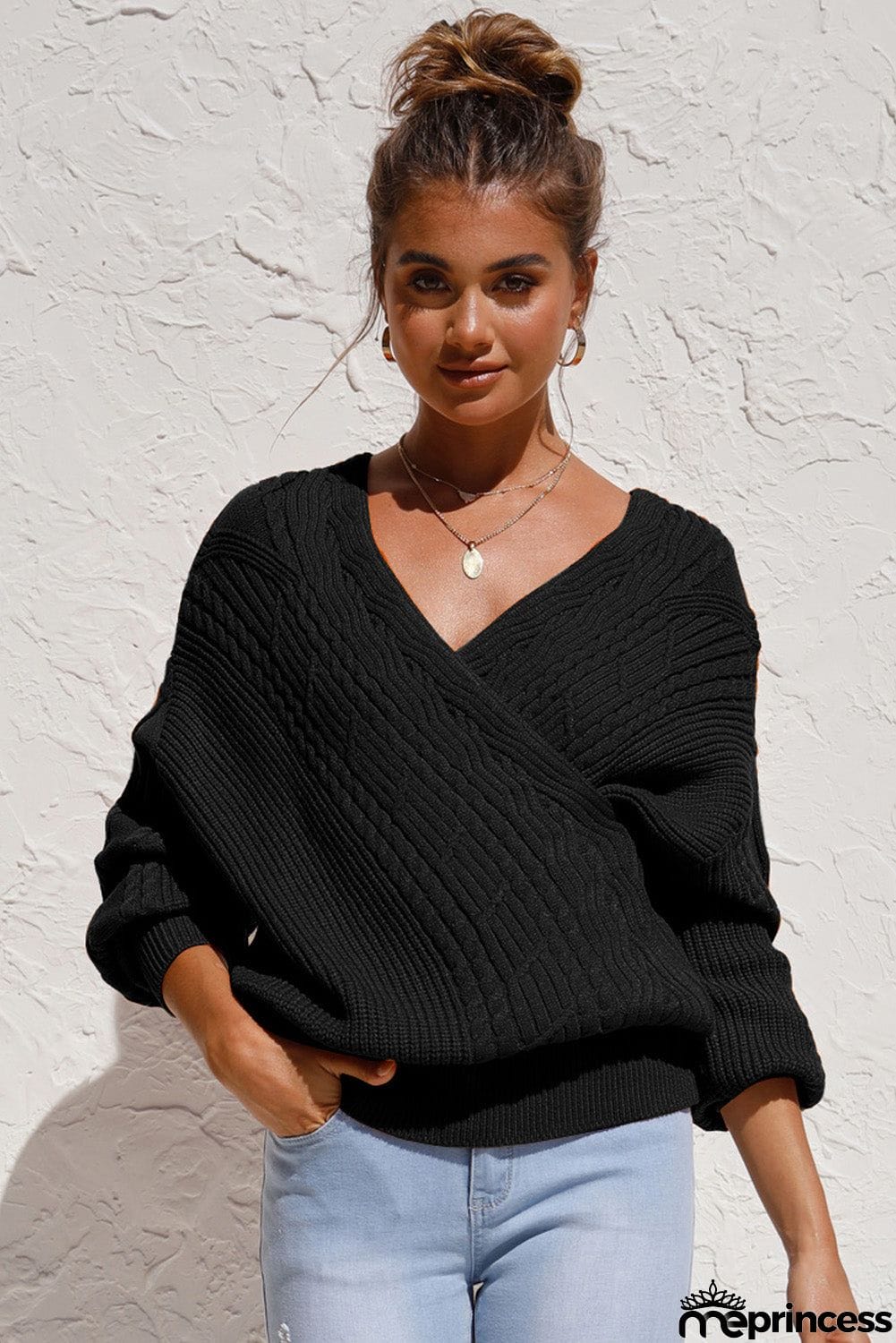 Beige Wrap V Neck Lantern Sleeve Textured Sweater