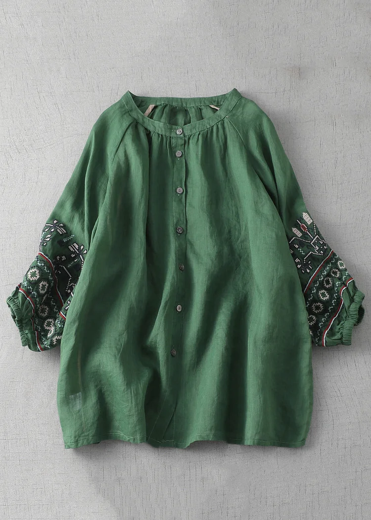 New Green Embroideried Button Cotton Shirt Lantern Sleeve