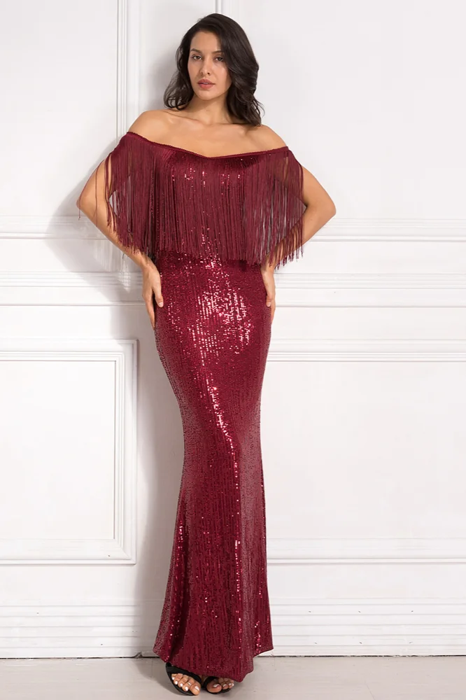 Burgundy Off-the-Shoulder Sequins Prom Dress Long Mermaid With Tassels - lulusllly
