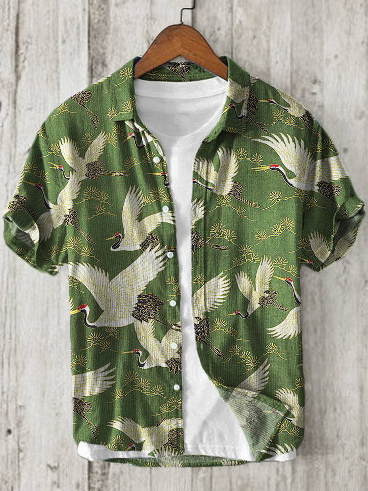 menweary Cranes & Pine Trees Japanese Traditional Pattern Linen Blend Shirt
