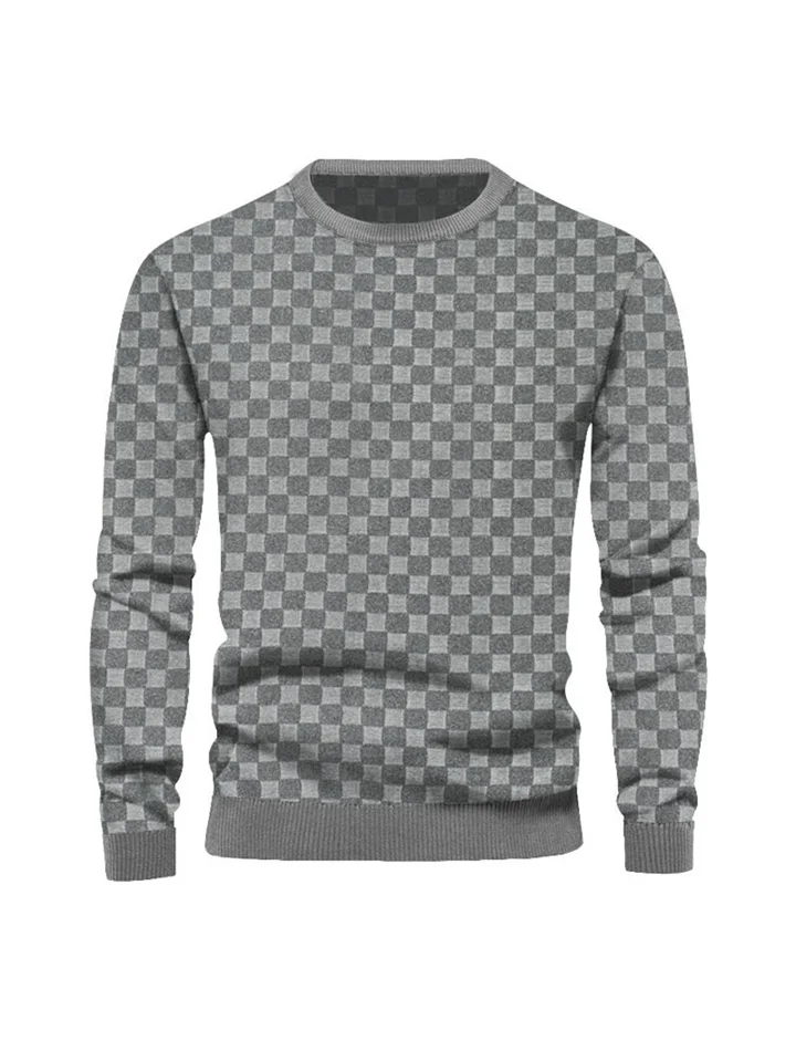 Men's Fall and Winter Men's Knitwear Heavy Jacquard Checkerboard Checkerboard Round Neck Casual Bottoming Long Sleeve Tops-Cosfine