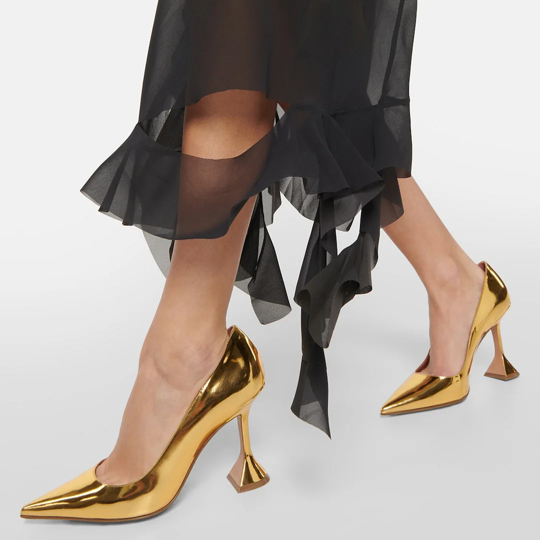 Gold Metallic Touch Flared Heel Bridal Pumps for Elegant Ladies