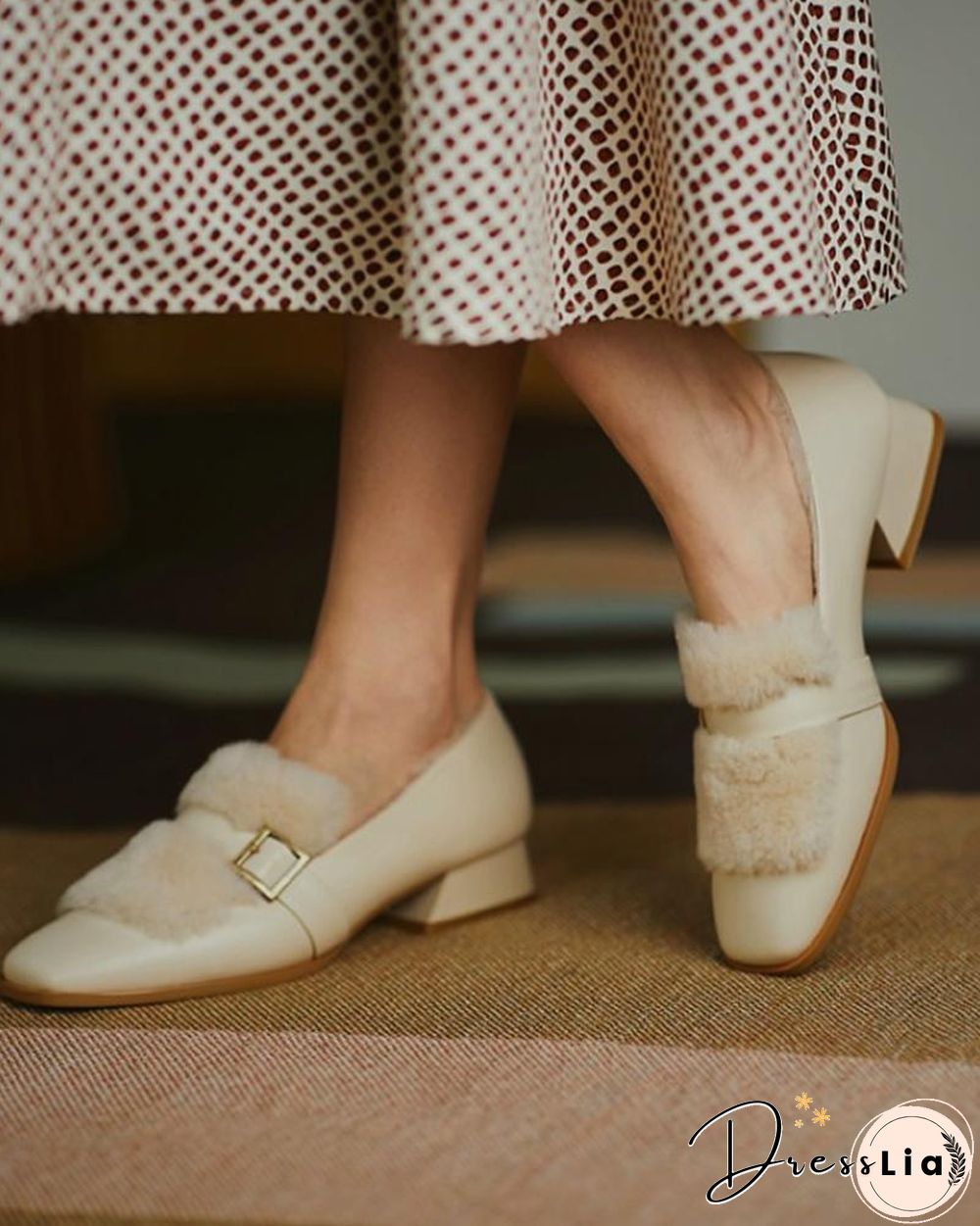 Solid One Buckle Fluffy Low Heel Loafers Slip-on