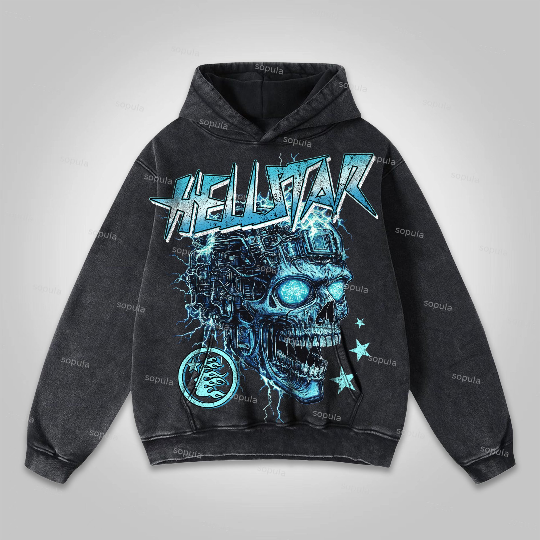 Sopula Lightning Skull Graphic Print Washed Hoodie - SOPULA