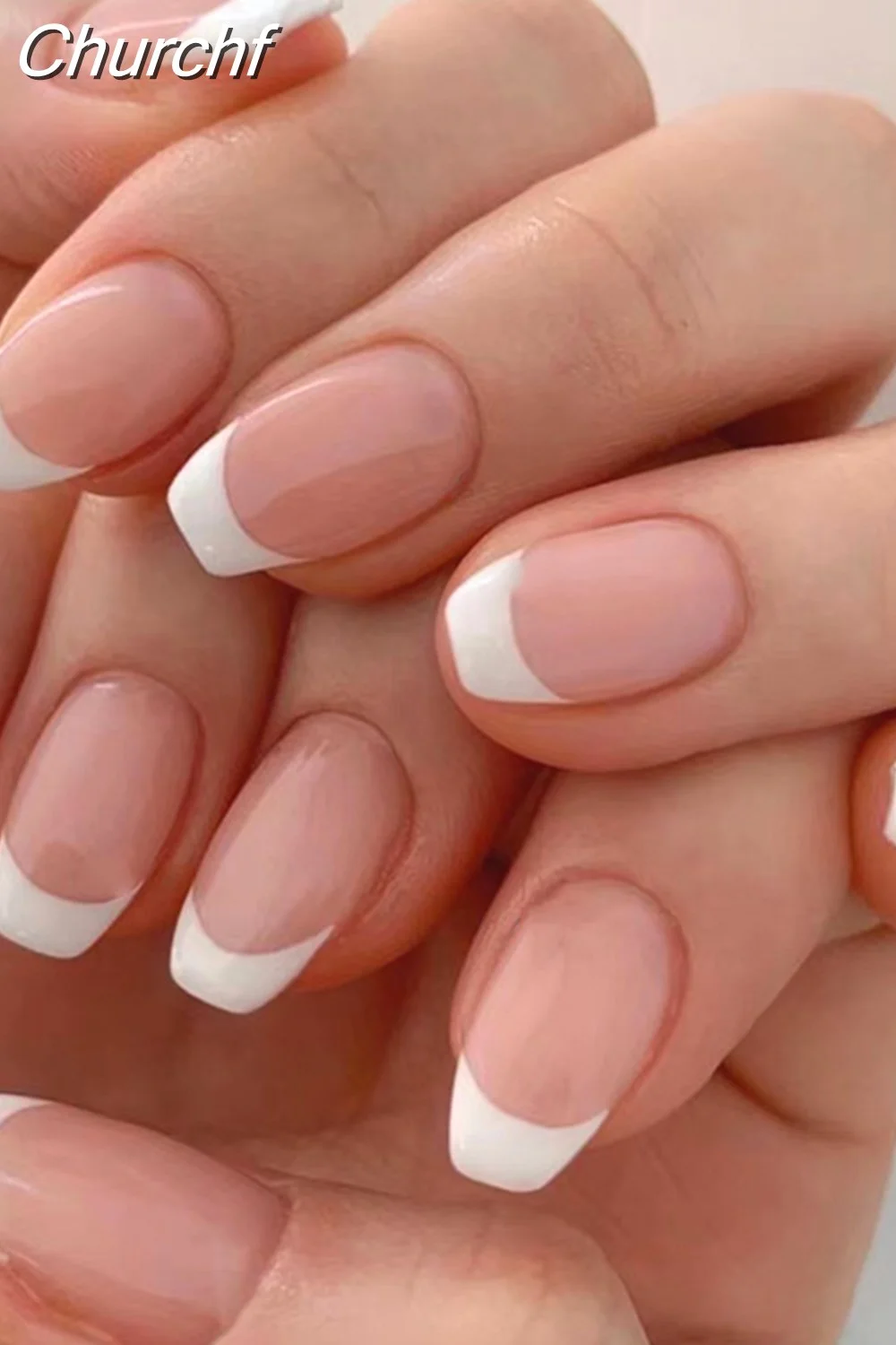 Churchf French White Side False Nails Wearable Rhinestone Desgin Fake Nails Short Simple Nail Full Cover Nail Tips Press On Nails-Nail Inspo