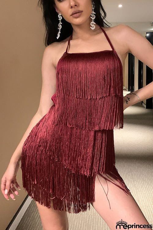 Halter Neck Open Back Tassel Hem Romper