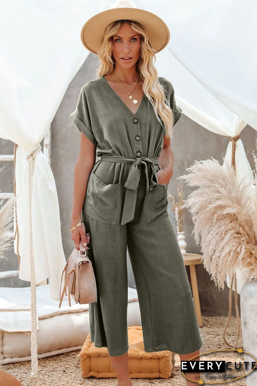 Green V Neck Pocketed Jumpsuit